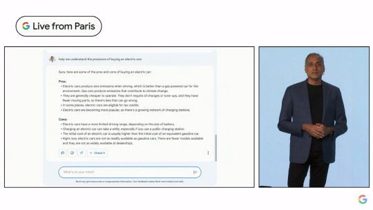 프라바카 라가반 구글 수석부사장이 '구글 라이브 프롬 파리' 행사에서 차량 구매 관련 문의를 예시로 들며 '바드'를 소개하고 있다. 유튜브 갈무리